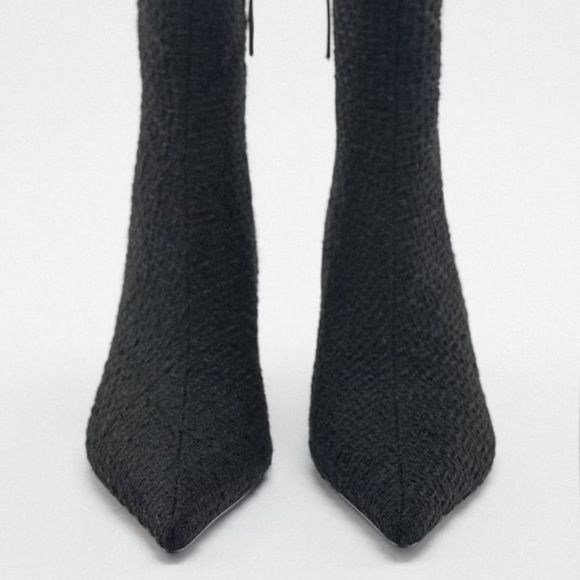 Zara Black Fabric Heeled Pointed Toe Ankle Boots - Picture 3 of 9